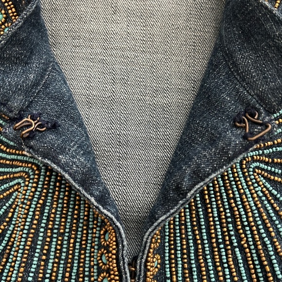 Chico's Blue Denim Jean Jacket with detailed beading design -turquoise and gold - Picture 6 of 7
